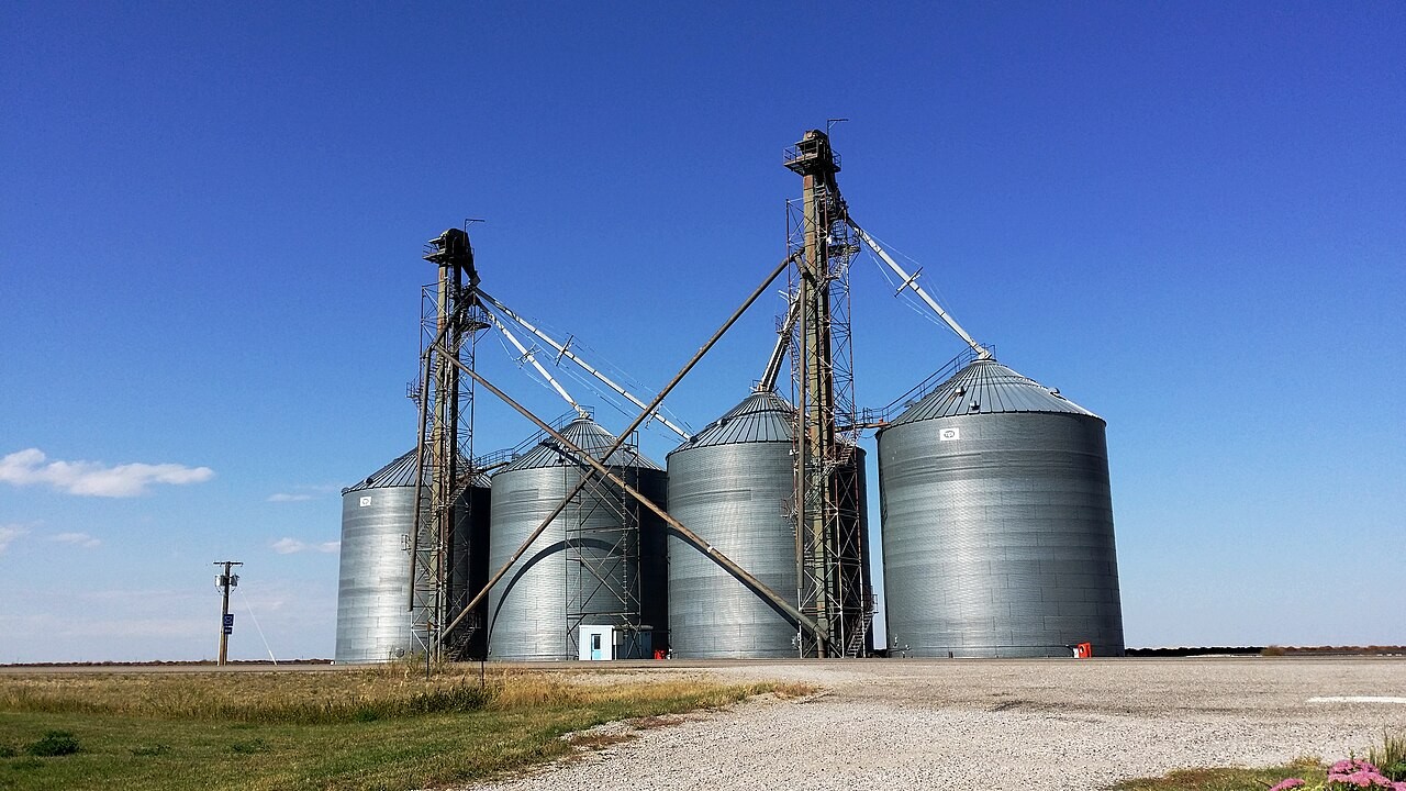 A grain elevator and storage complex in Moccasin, Montana.
