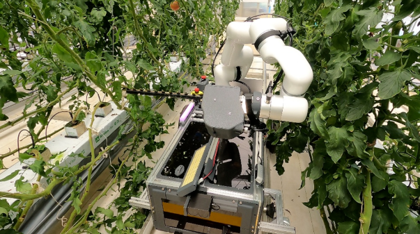 NARO’s prototype tomato de-leafing robot, with its leaf-removal mechanism identified.