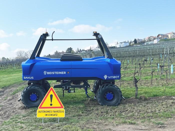 VitiBot Bakus agricultural robot displayed at Agritechnica 2023, designed for autonomous vineyard operations.