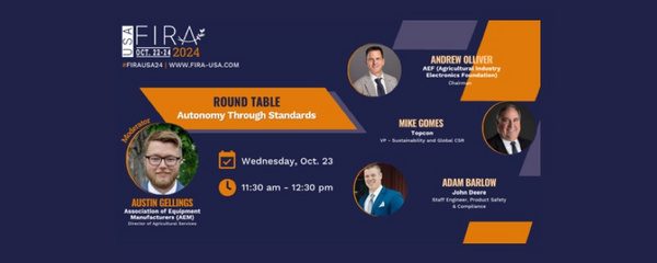 Official FIRA USA 2024 graphic advertising the panel on autonomy through standards