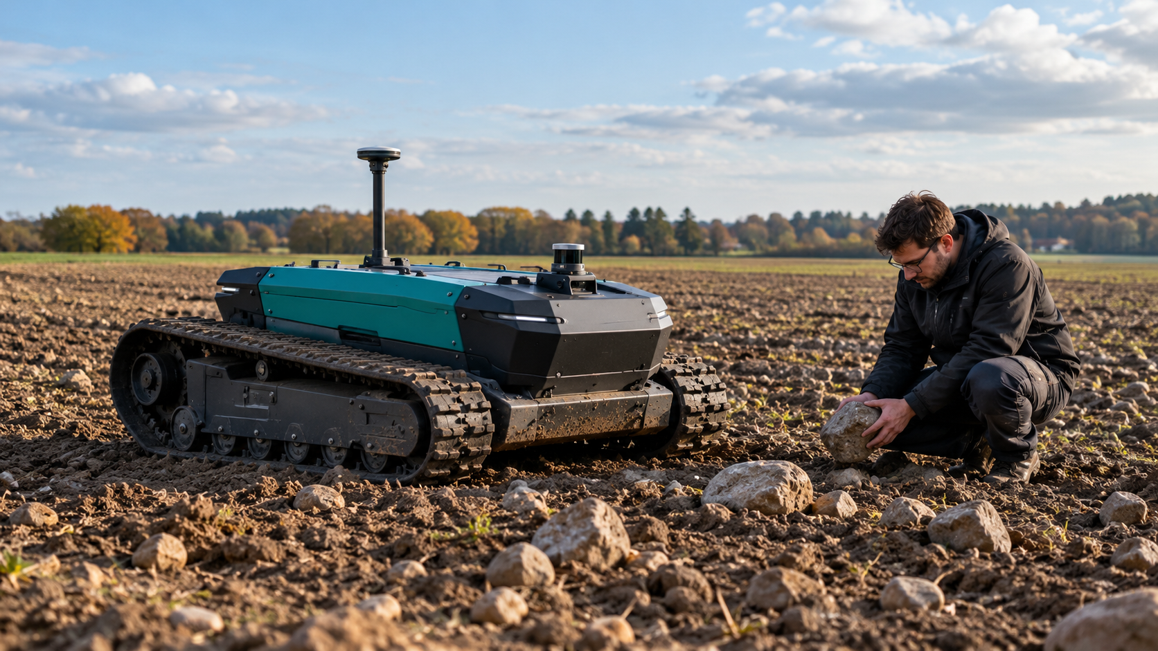 Conceptual illustration of a tracked agricultural robot and a researcher inspecting stones in a cultivated field.
