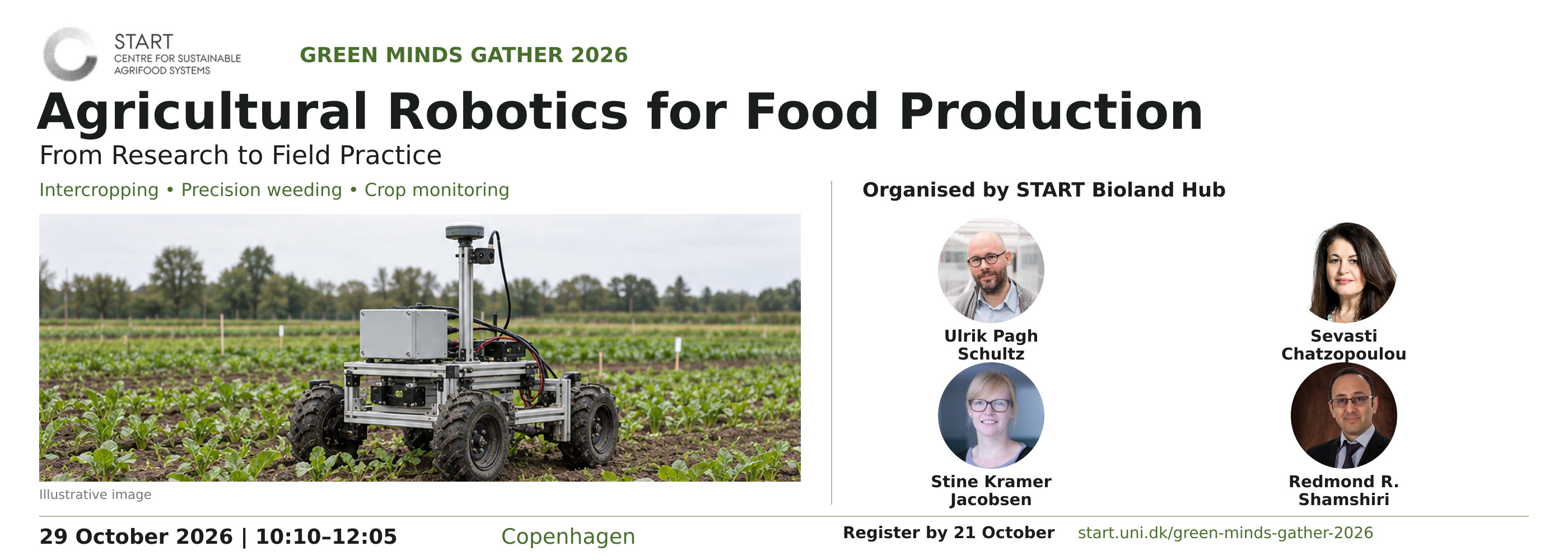 Green Minds Gather 2026 organiser poster with the robotics session, four organisers and an explicitly illustrative robot image