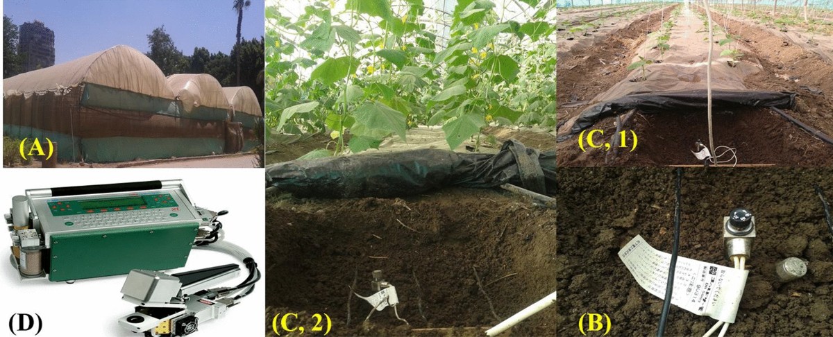 Study photo panels showing the greenhouse, soil heating cable, thermostat and measurement equipment