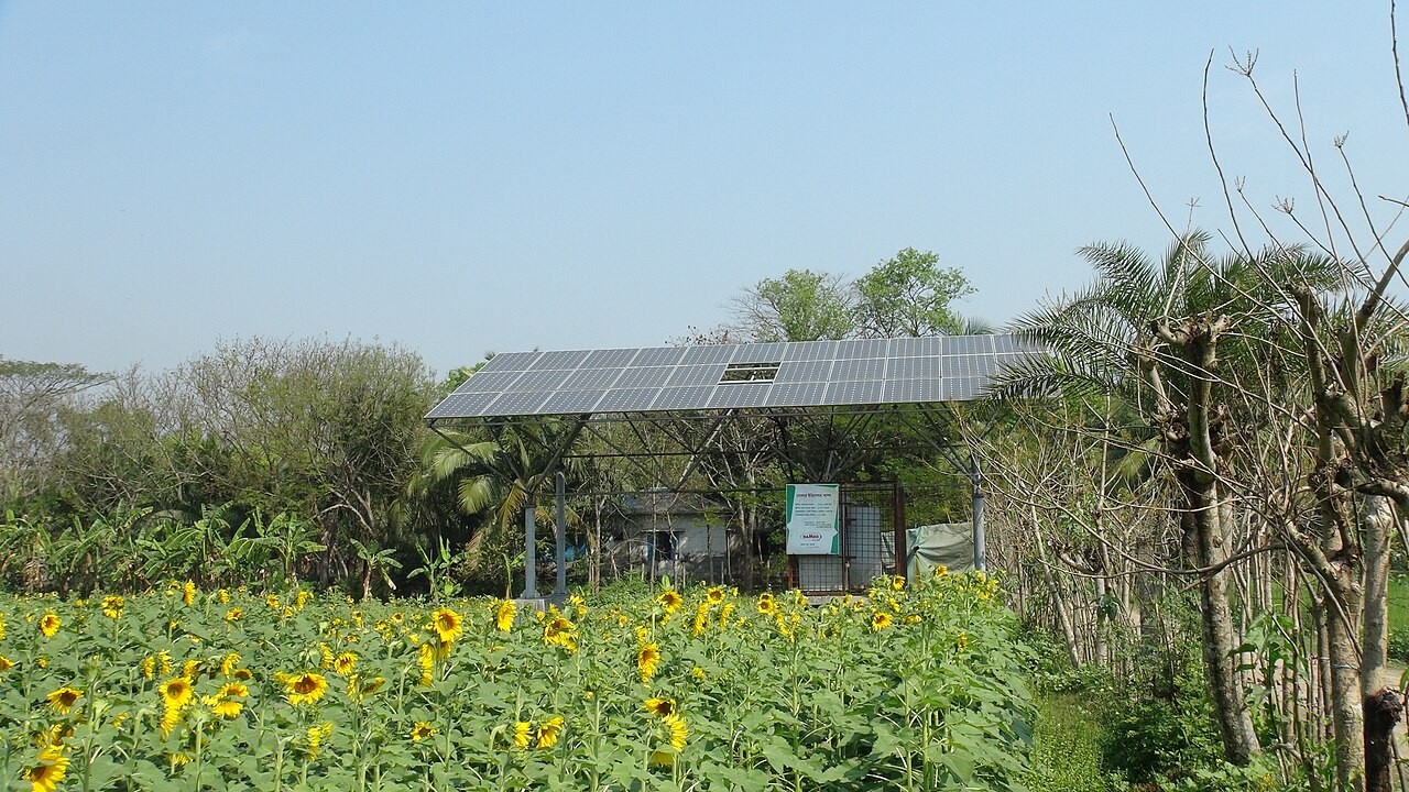 A solar-powered irrigation installation.