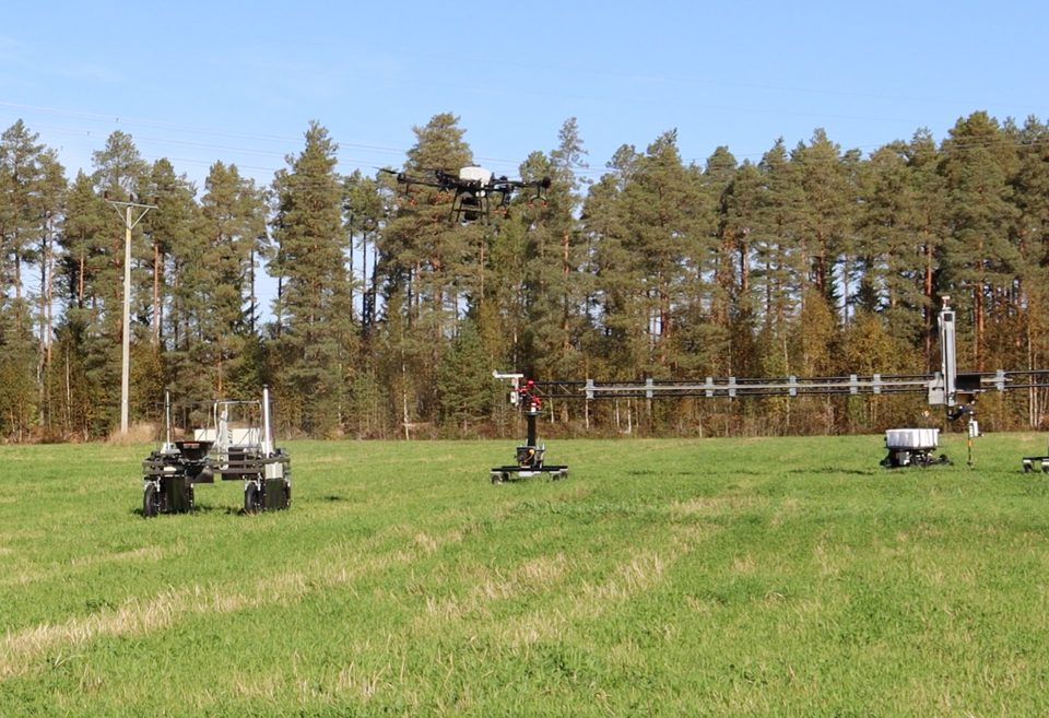 Ground robots and a drone at the Finnish FlexiGroBots pilot site