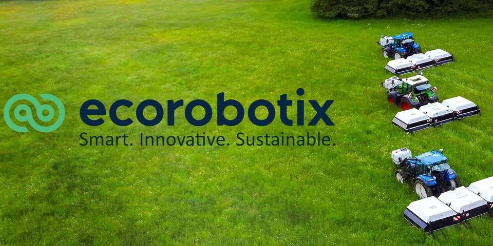An overhead company image shows Ecorobotix spraying equipment beside its logo.