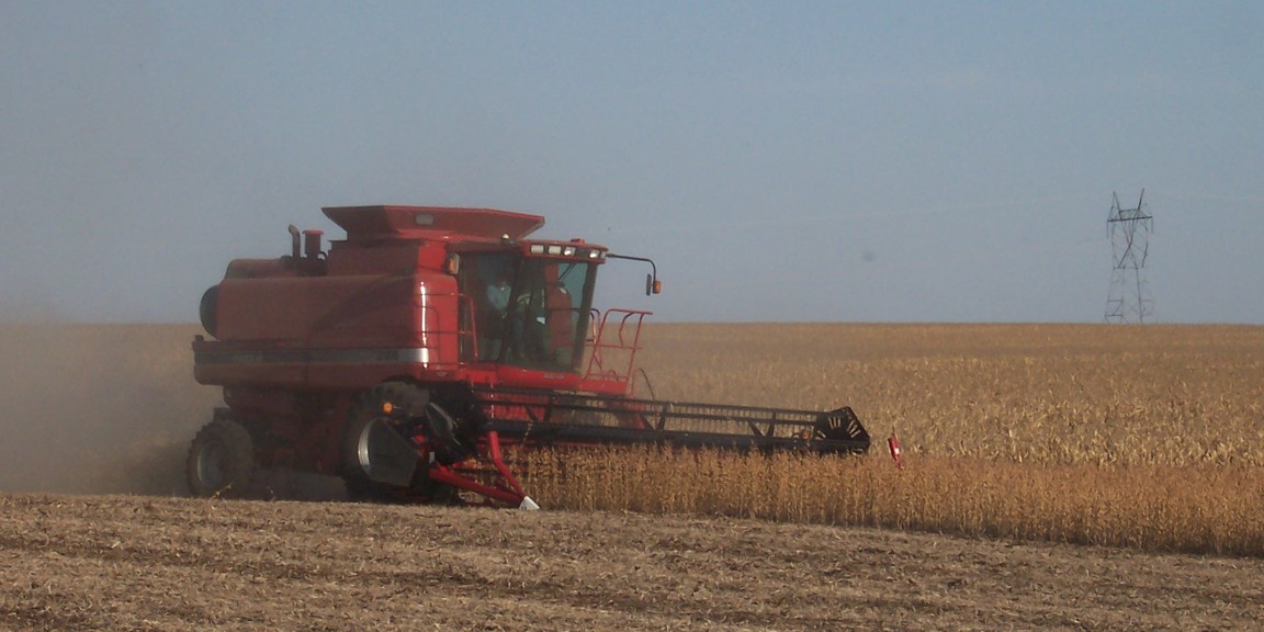 A red Case combine harvesting a field in Iowa.