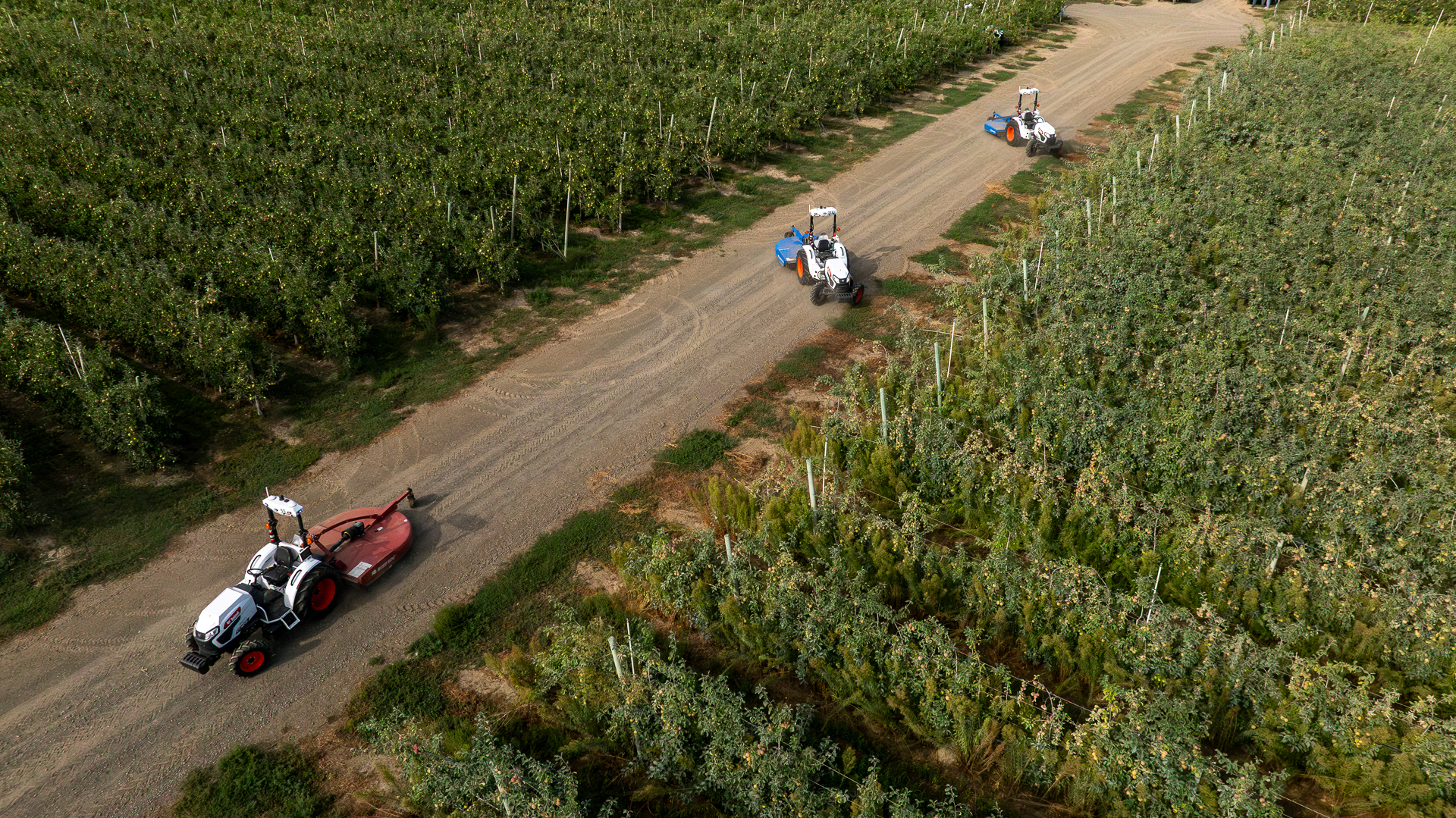 Three Agtonomy-enabled tractors with implements on an orchard headland