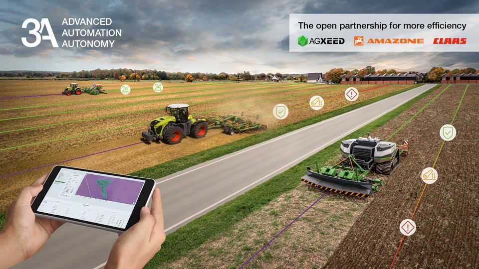 Official 3A alliance visual combines field machinery, a tablet and digital connection graphics.