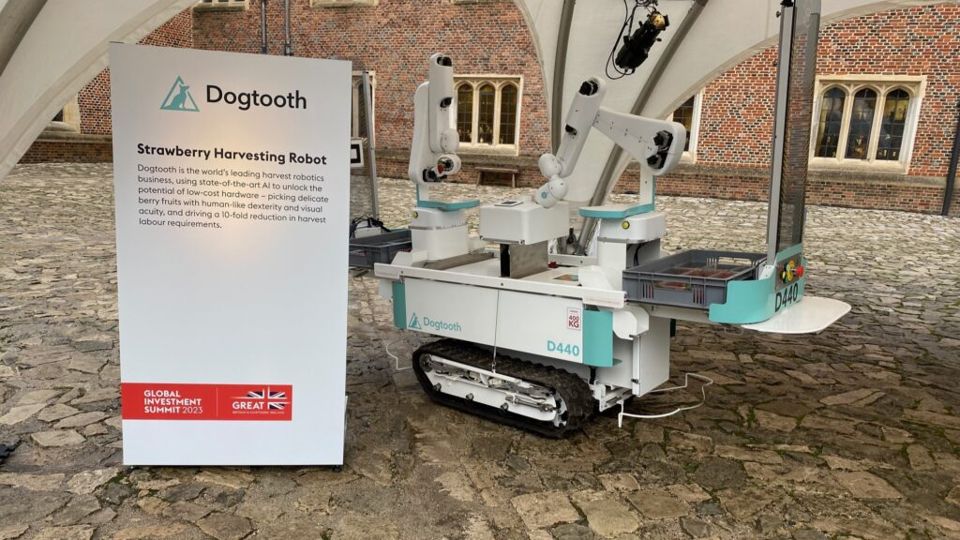 Dogtooth strawberry-harvesting robot displayed at the Global Investment Summit 2023.