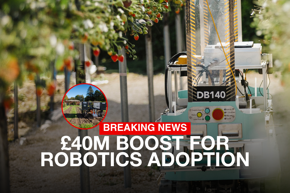 Official UK government robotics announcement graphic incorporating photographs of robotic systems