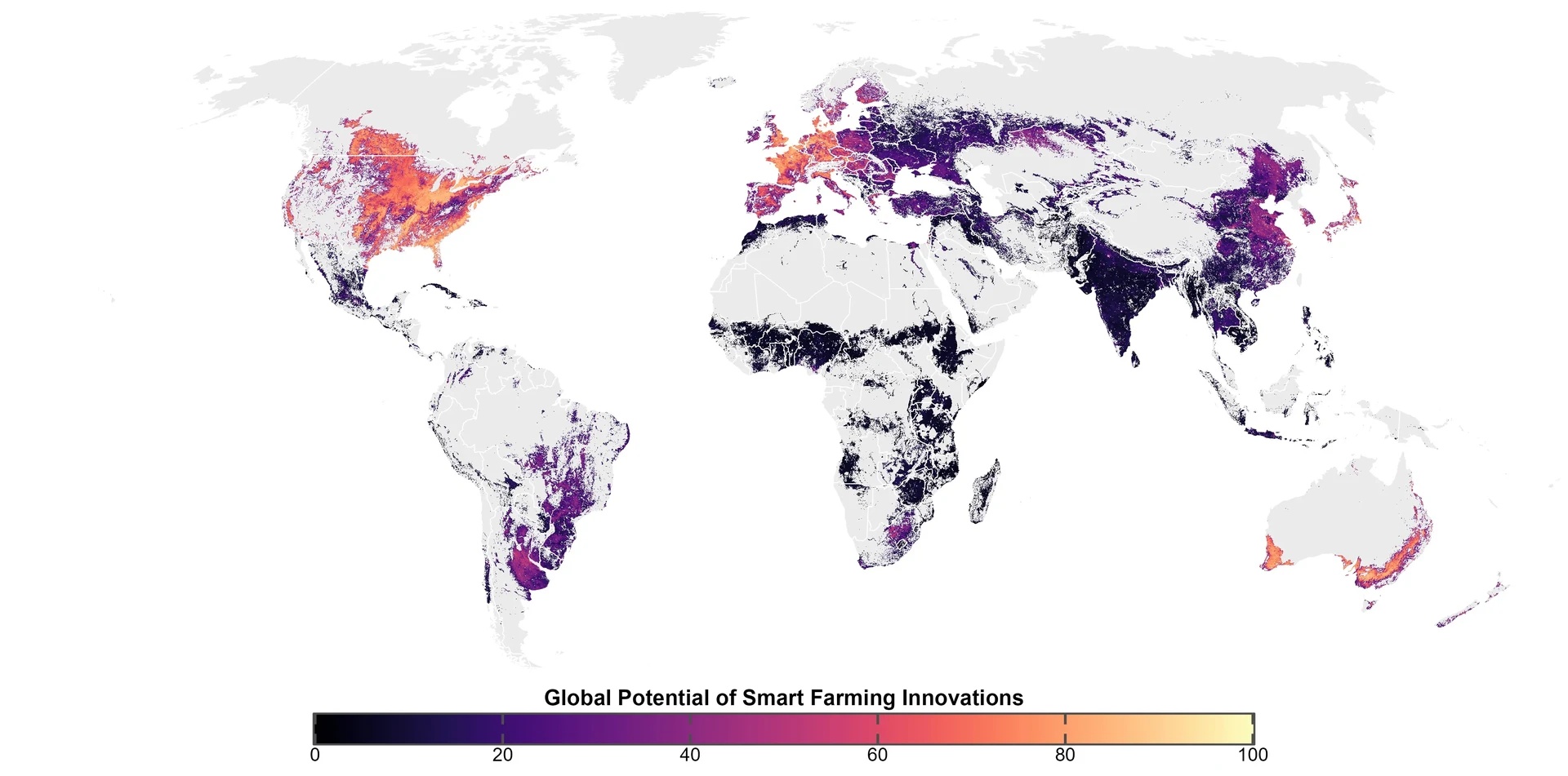 World map illustrating the modelled global potential of smart farming innovations.