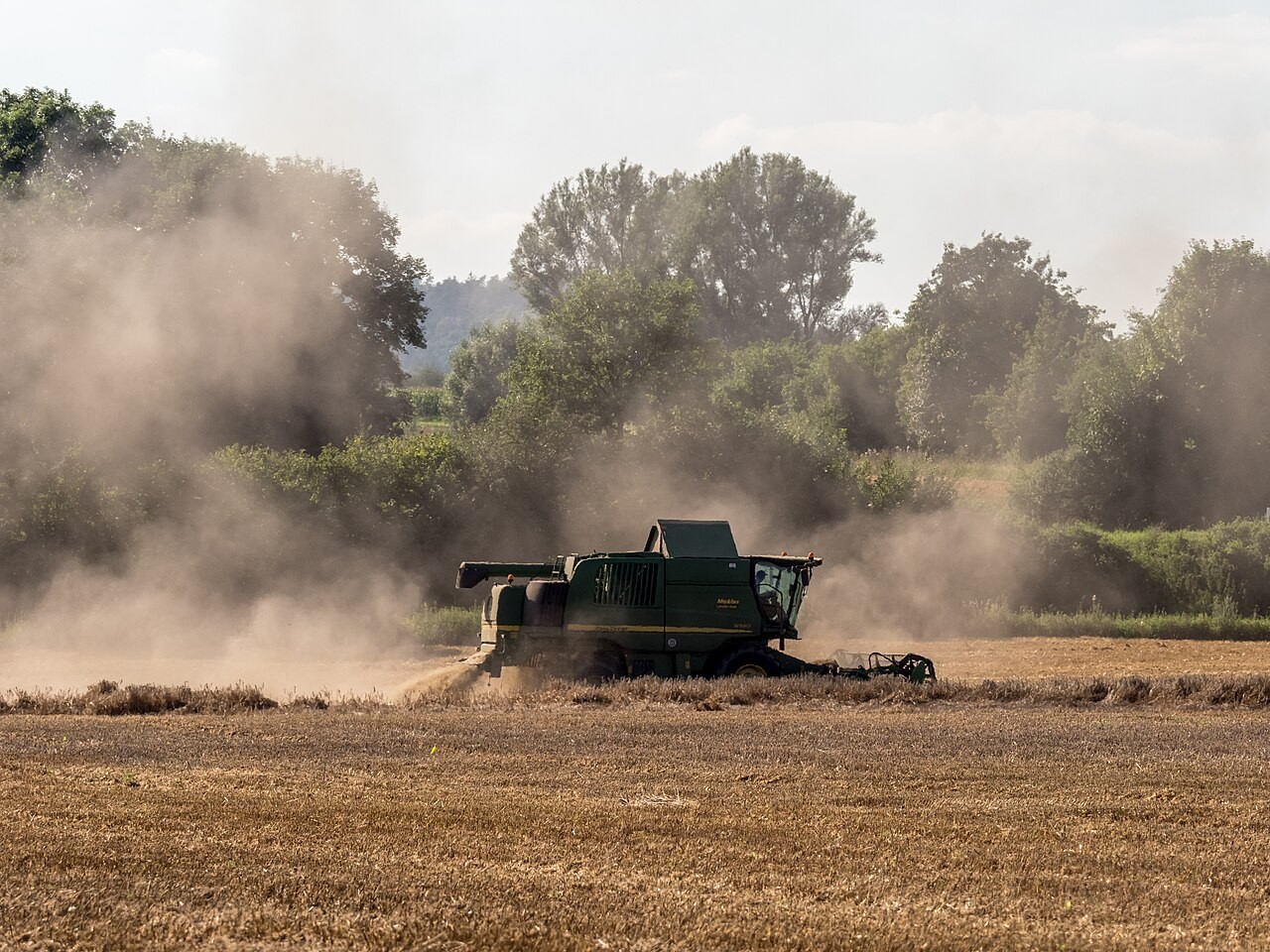 A combine harvester working in a grain field in Upper Franconia, Germany.