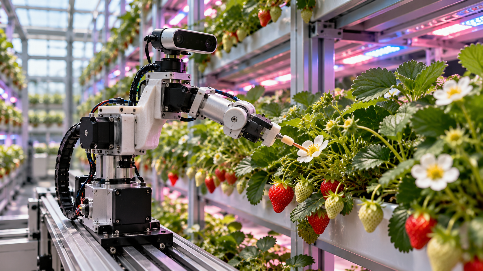 Conceptual illustration of a camera-guided robotic arm performing targeted pollination of strawberry flowers in an indoor vertical farm.