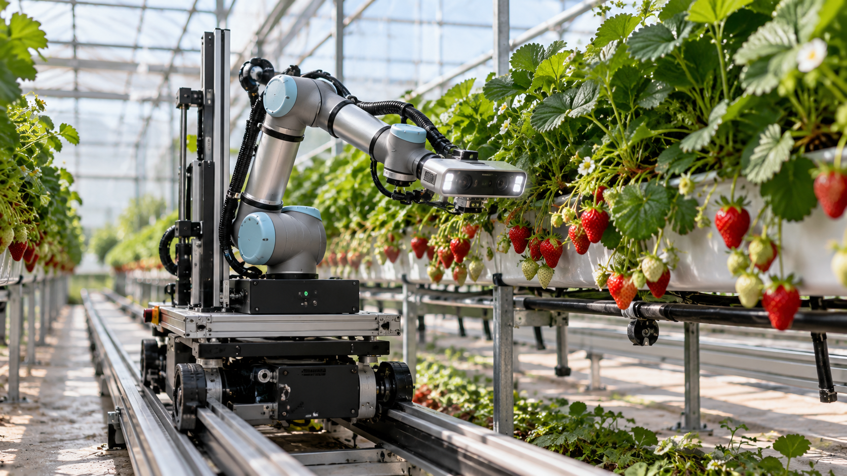 AI-generated illustration of a rail-guided robot using a camera-equipped arm to inspect strawberry plants in a greenhouse.