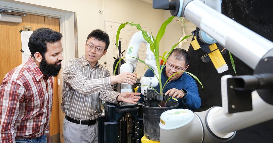 Sheeraz Athar, Jian Jin and Yu She with the robotic leaf-scanning system.