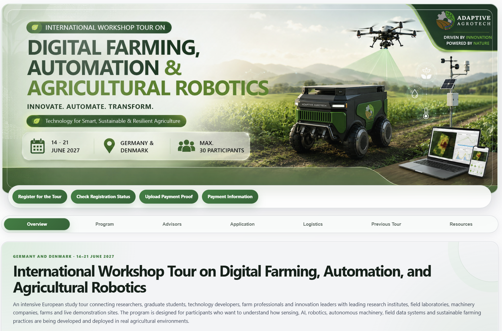 Promotional illustration of agricultural robots, sensors and a drone in a field.