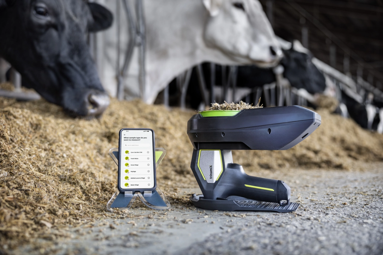 A trinamiX PAL Two handheld spectrometer and phone beside forage in a cattle feeding area