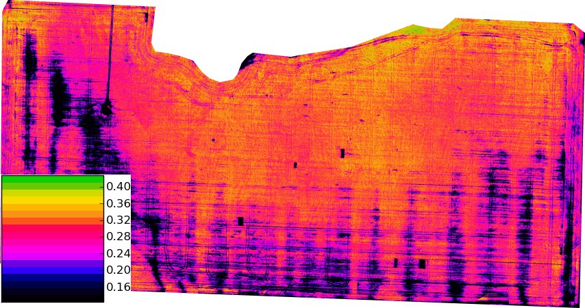 False-colour NDVI imagery of a field captured with an unmanned aircraft.