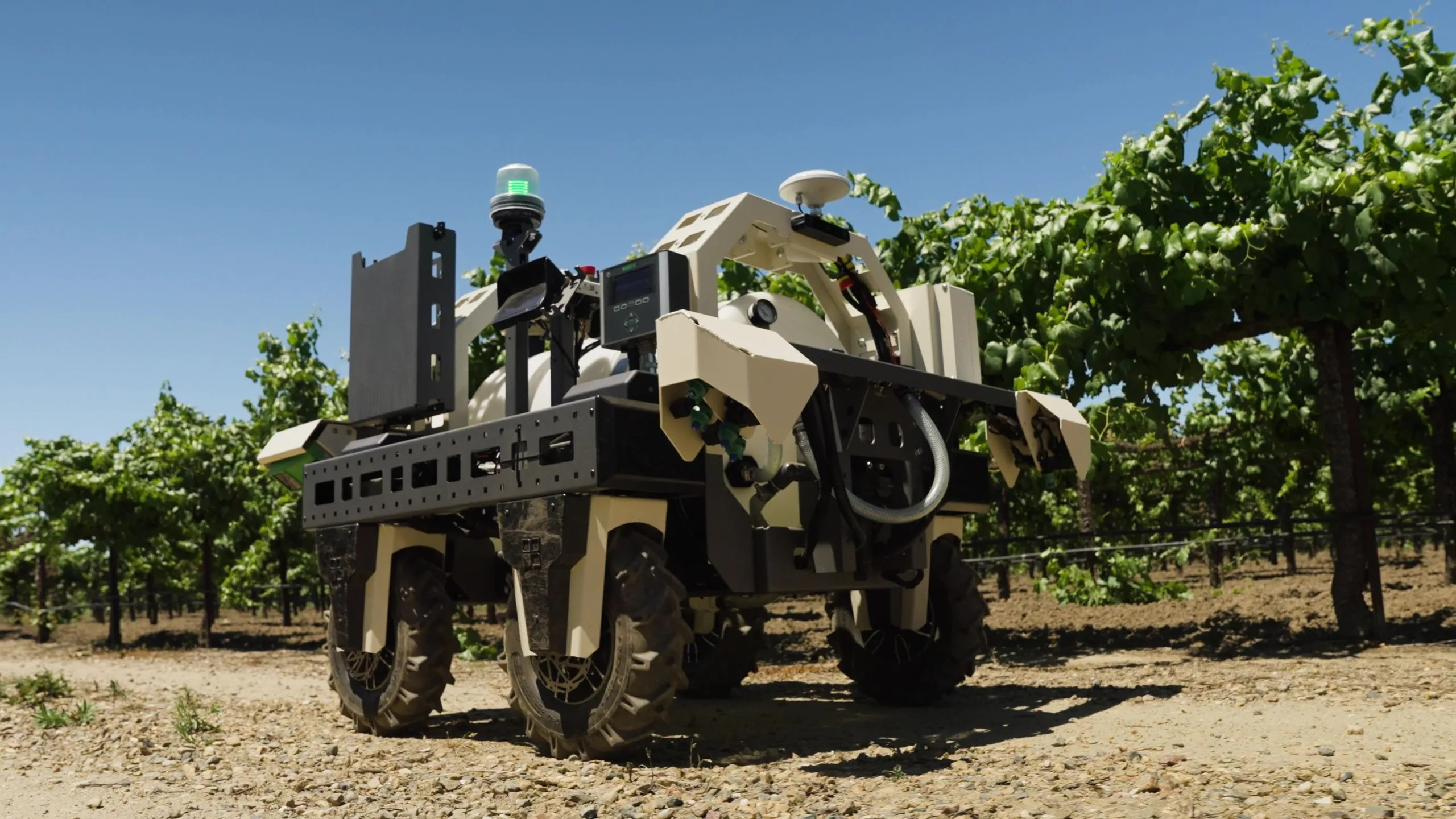 Bonsai Robotics Amiga Flex autonomous agricultural robot equipped for precision weed control in a vineyard.