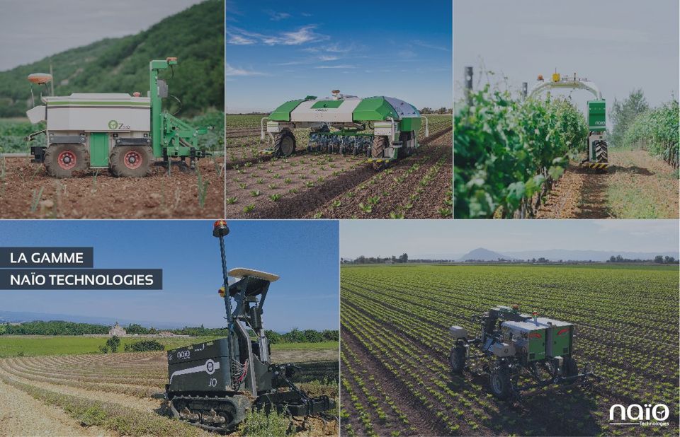 A collage shows five Naïo agricultural robots in different crop settings.
