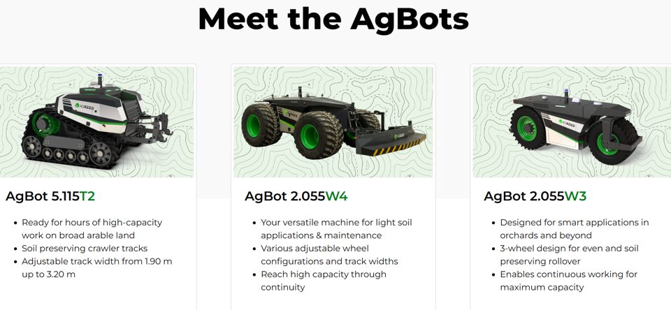 AgXeed AgBot models shown on the Cereals 2025 demonstration page