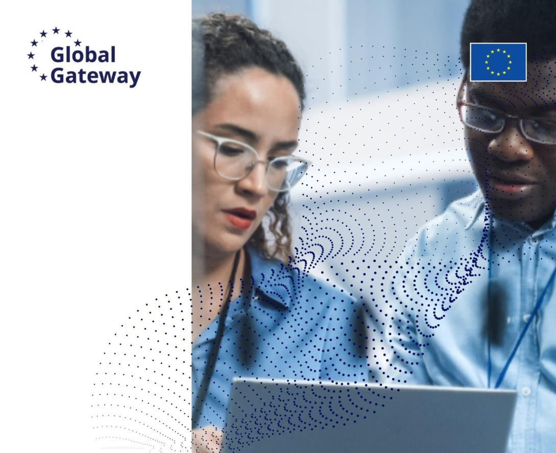 European Union Africa Initiative promotional image showing researchers with a laptop