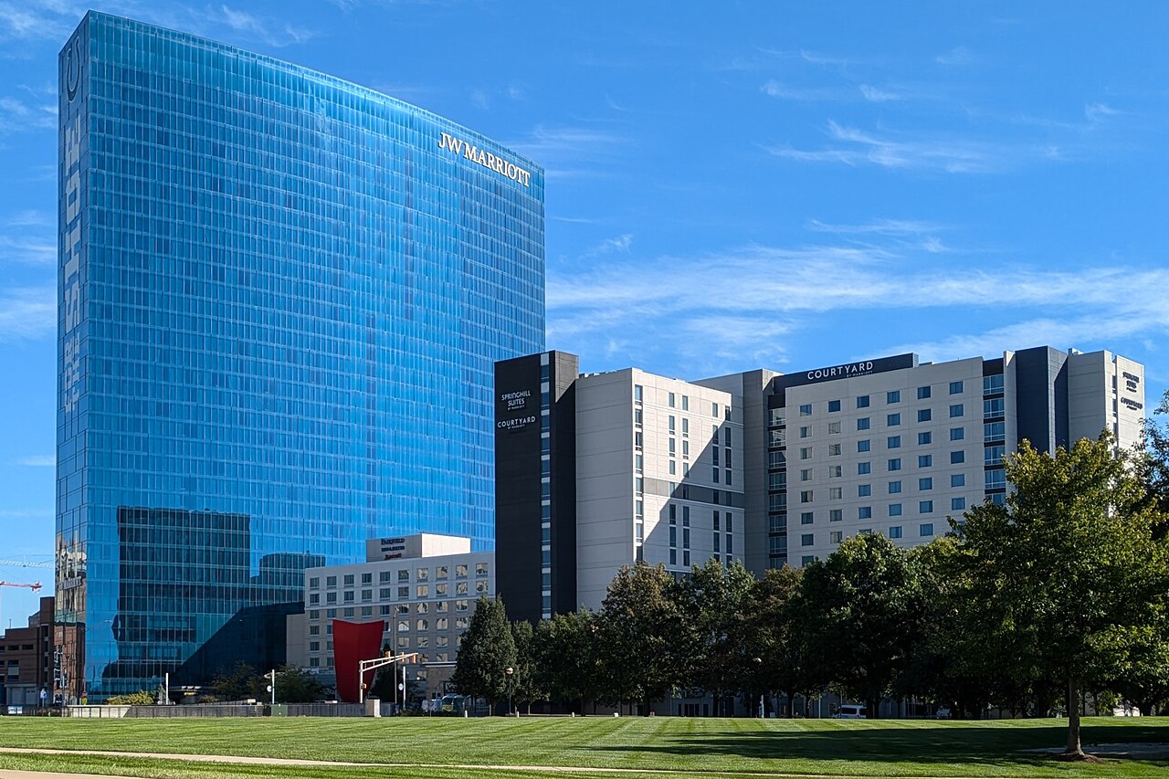 JW Marriott and Courtyard hotels seen from White River State Park in Indianapolis